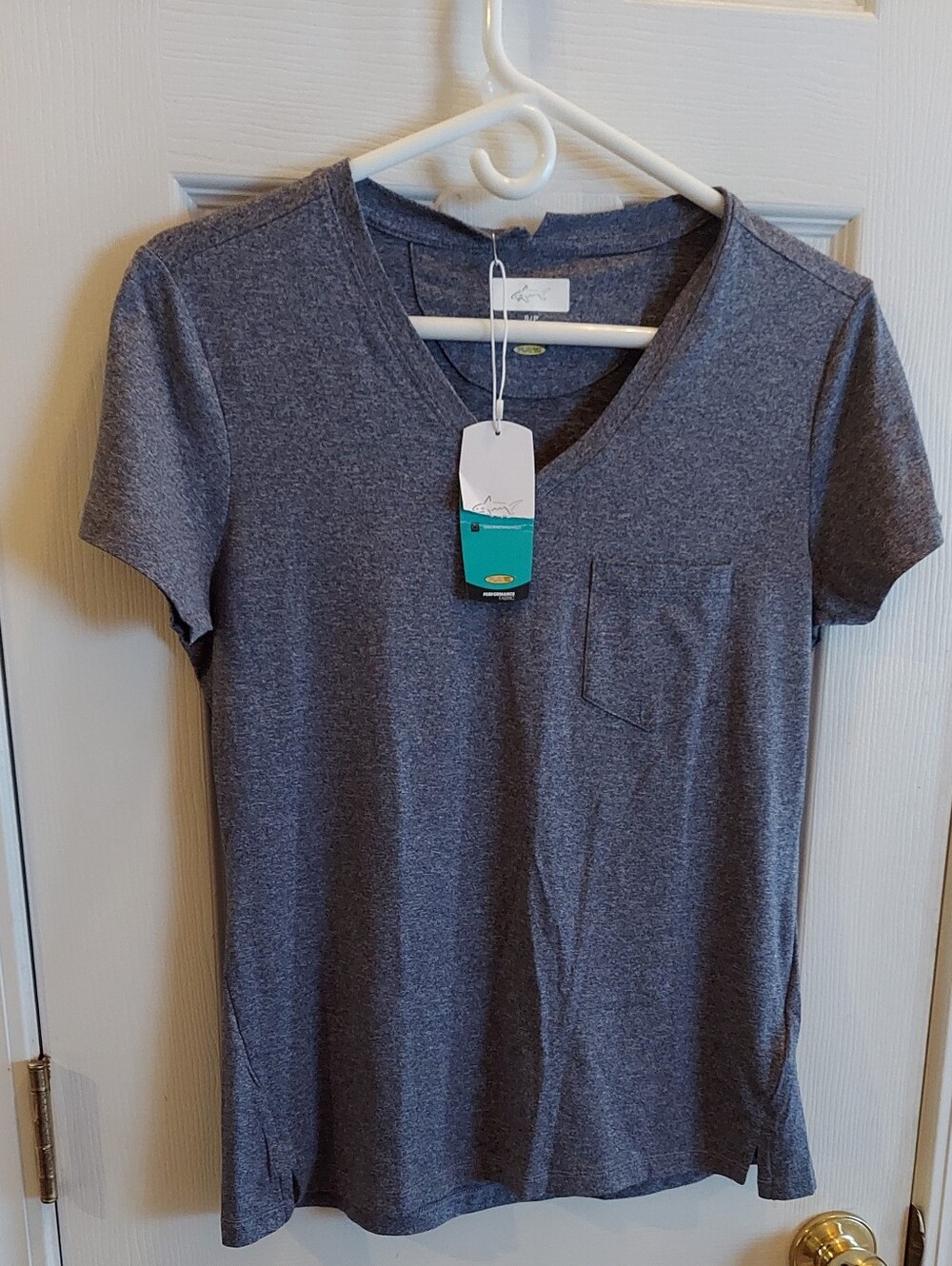 Greg Norman PLAY DRY Women's Loose Fit V-Neck Pocket T-Shirt Heather Navy SM NWT